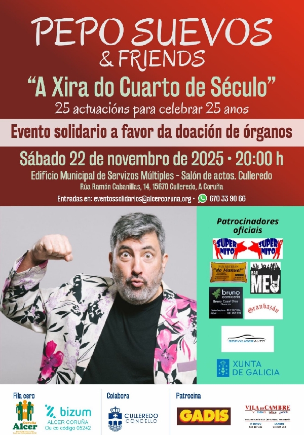 CARTEL CULLEREDO - Culleredo acogerá un espectáculo solidario de Pepo Suevos organizado por Alcer Coruña