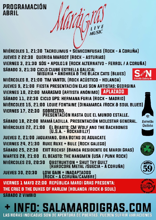 Cartel abril Mardi Marasmo aplazado